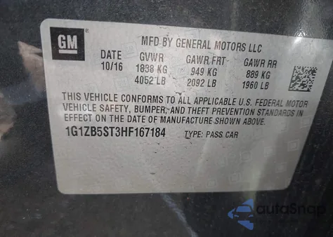 2017 Chevrolet Malibu Ls z USA, uszkodzony, nr VIN 1G1ZB5ST3HF167184